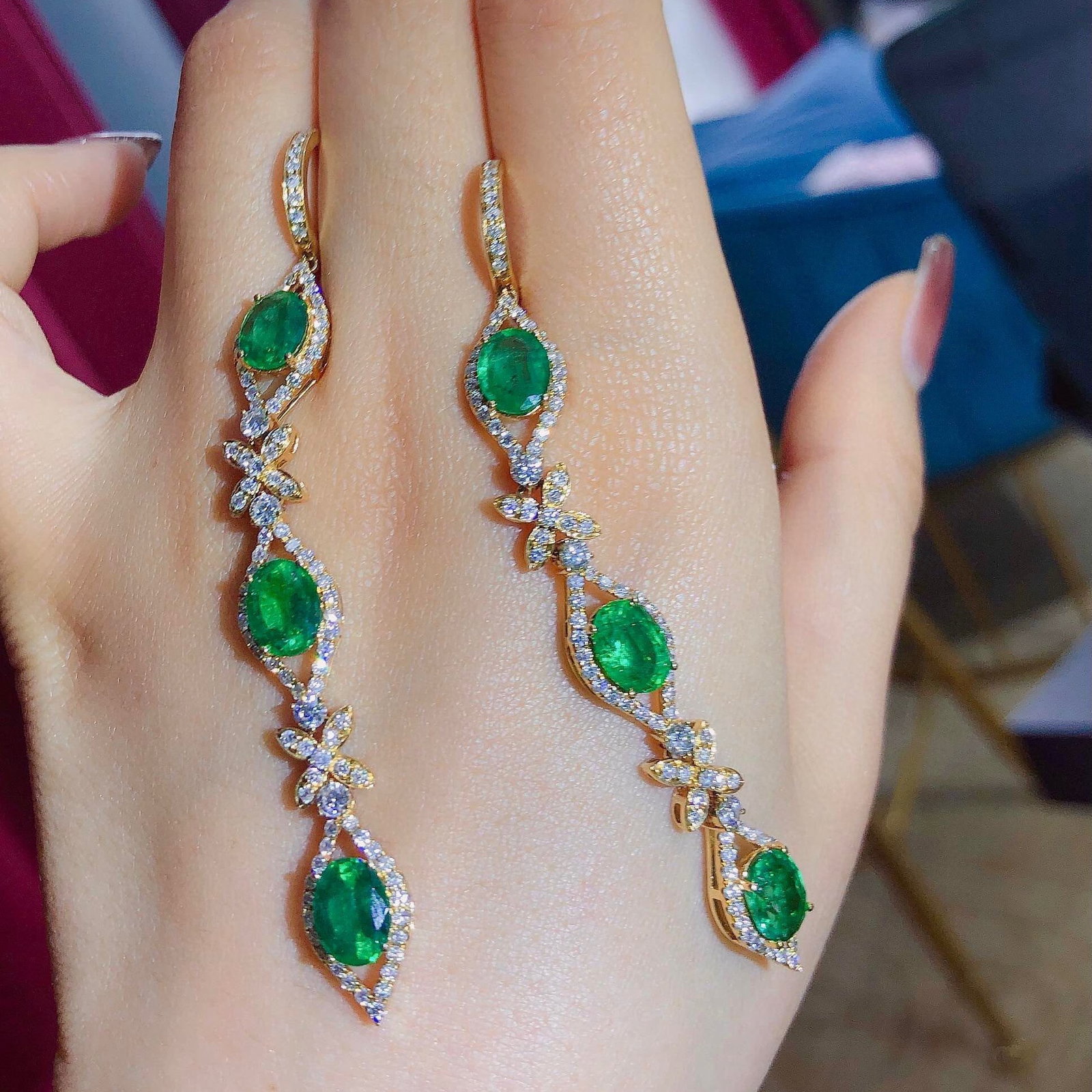 14k Gold 9.26 Ctw Vivid Green Natural Emerald & Diamond Earrings - 5