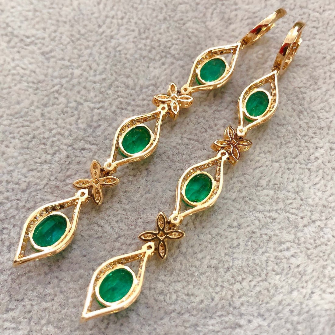 14k Gold 9.26 Ctw Vivid Green Natural Emerald & Diamond Earrings - 7