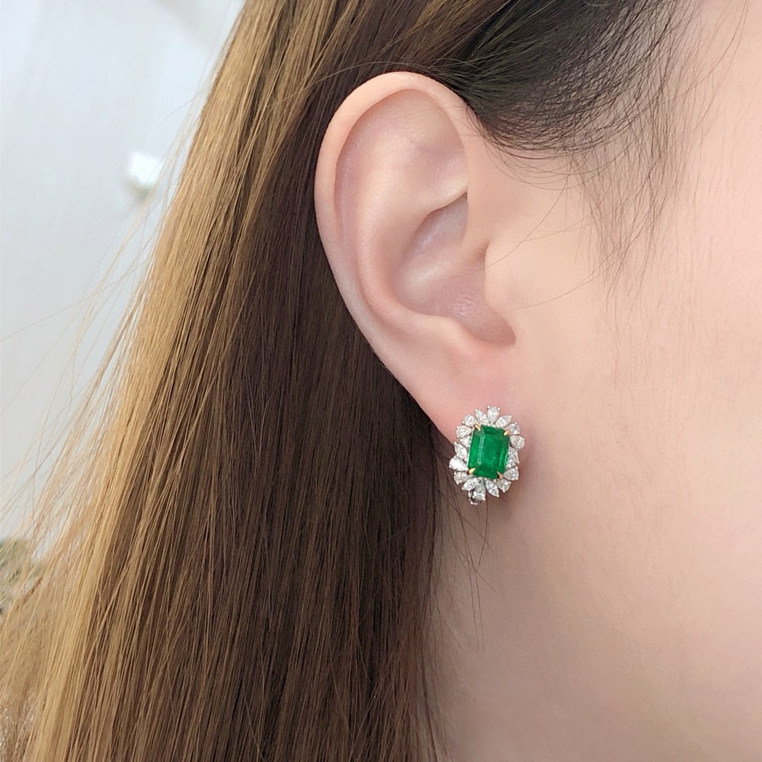 14k Gold 4.46 Ctw Vivid Green Natural Emerald & Diamond Earrings - 6