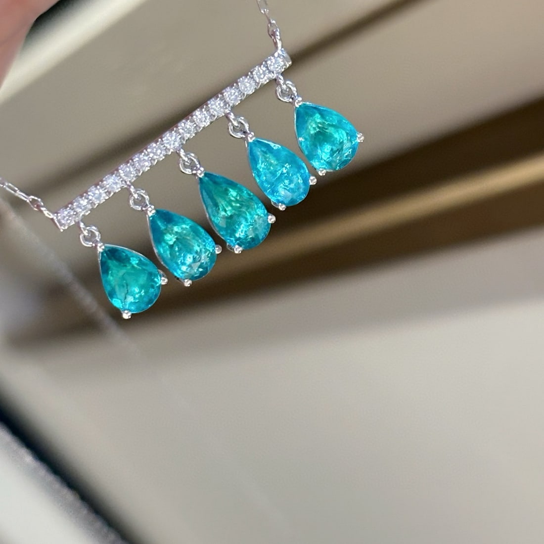 14k Gold 1.77 Ct Natural Paraiba Tourmaline & Diamond Necklace - 2