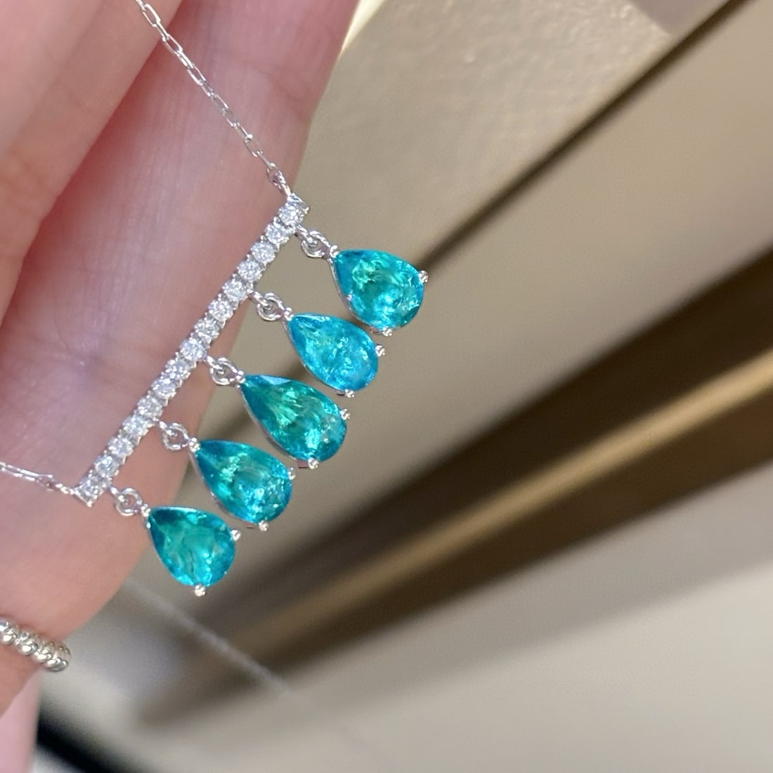 14k Gold 1.77 Ct Natural Paraiba Tourmaline & Diamond Necklace - 3