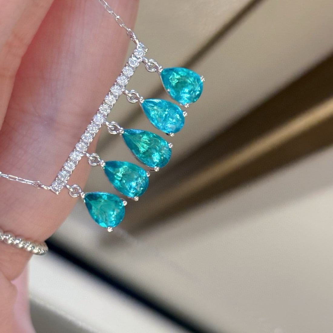 14k Gold 1.77 Ct Natural Paraiba Tourmaline & Diamond Necklace - 4