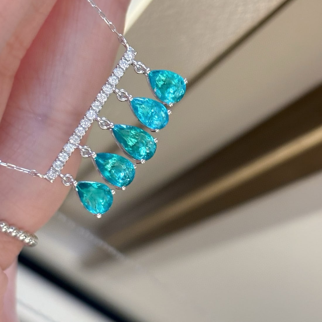 14k Gold 1.77 Ct Natural Paraiba Tourmaline & Diamond Necklace - 5