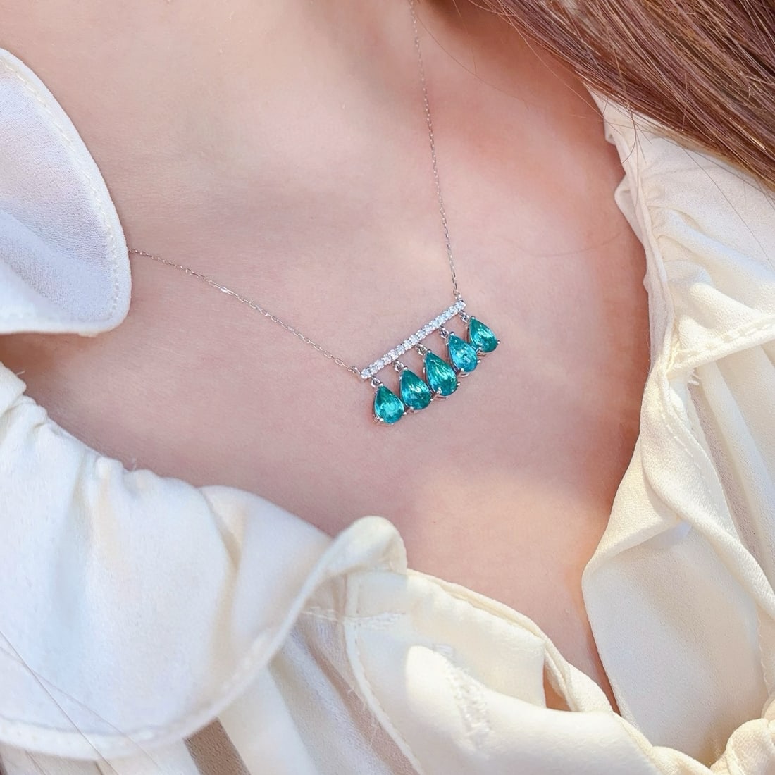 14k Gold 1.77 Ct Natural Paraiba Tourmaline & Diamond Necklace - 6