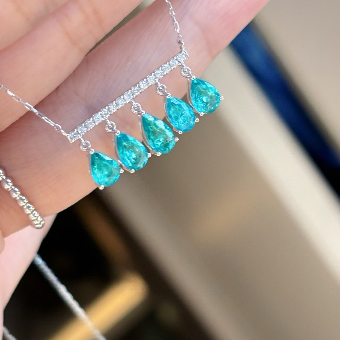 14k Gold 1.77 Ct Natural Paraiba Tourmaline & Diamond Necklace - 7