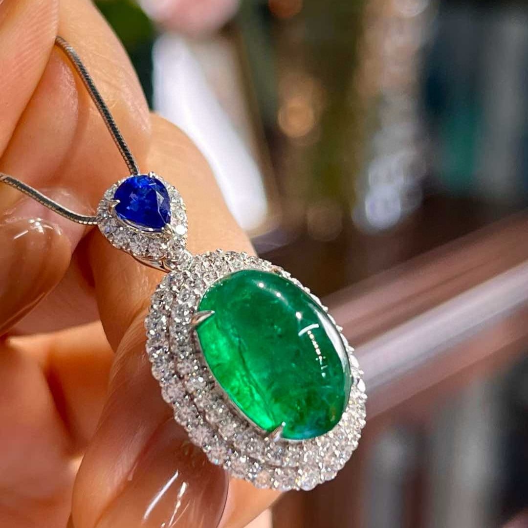 14k Gold 8.83 Ctw Natural Emerald & Sapphire Pendant( Without Chain ) - 2