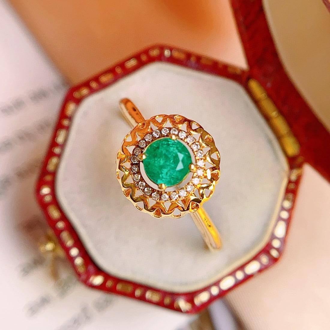 14k Gold 0.42 Ct Natural Emerald & Diamond Ring - 3