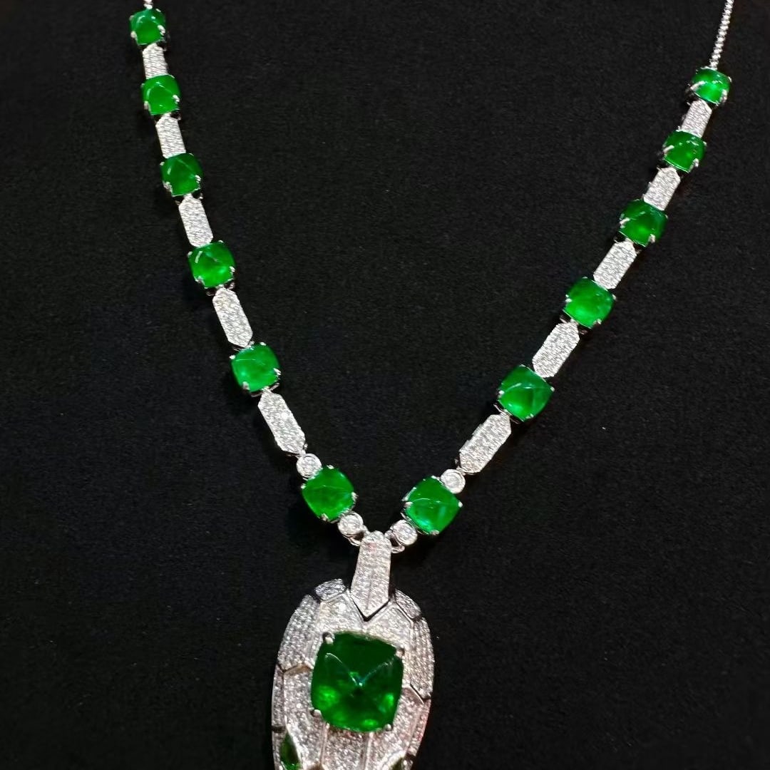 14k Gold 8.77 Ctw Natural Emerald & Diamond &snake Necklace - 2