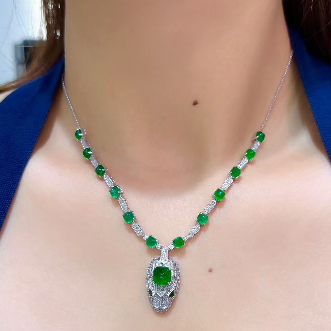 14k Gold 8.77 Ctw Natural Emerald & Diamond &snake Necklace - 3