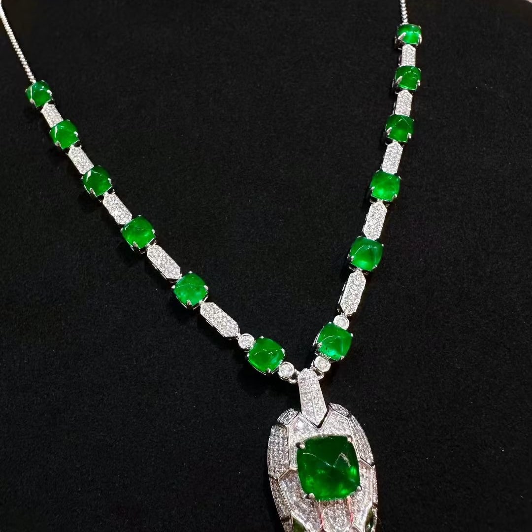 14k Gold 8.77 Ctw Natural Emerald & Diamond &snake Necklace - 4