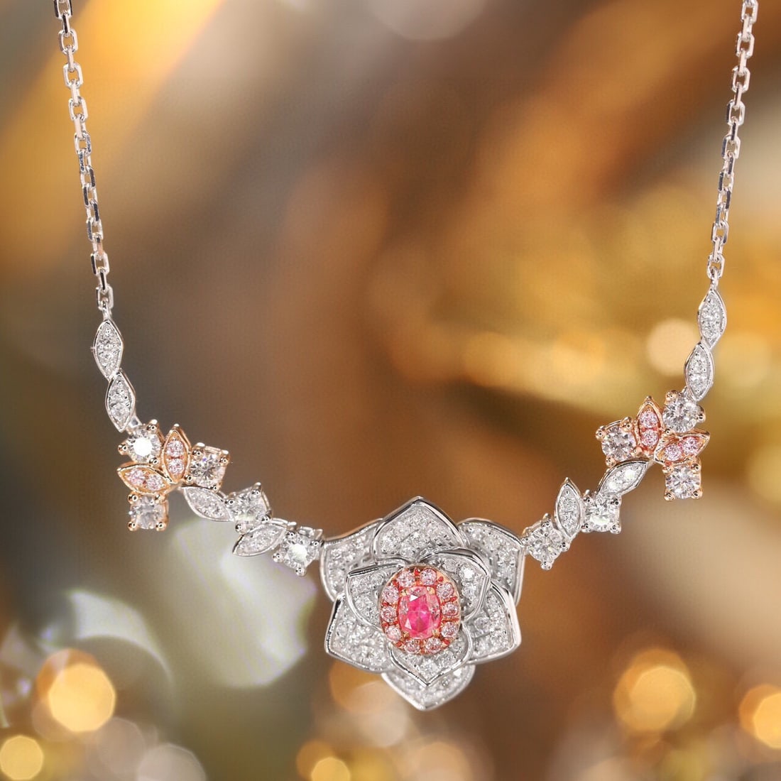 14k Gold 0.85 Ctw Natural Pink Diamond & Diamond Necklace: Ref:231061043 // gold content:14k gold // main gemstone:pink diamond // shape:oval // carat weight:0. 13ct // color:pink // treatment:natural // // adjacent gemstone 2 : diamond // shape:round // cara