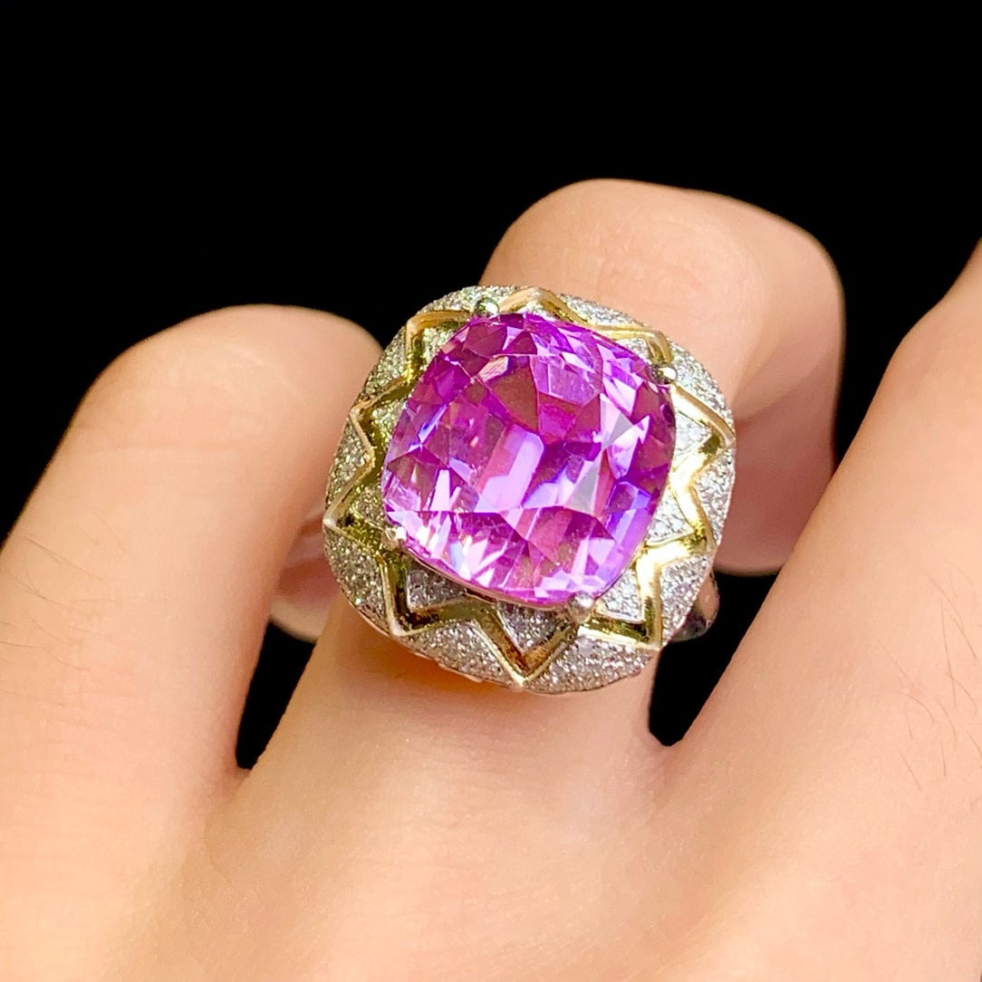 14k Gold 14.3 Ct Natural Kunzite & Diamond Ring - 4