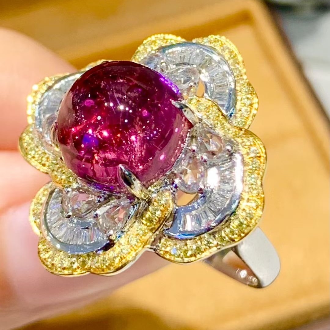 14k Gold 5.3 Ct Natural Tourmaline & Diamond & Sapphire Ring - 2