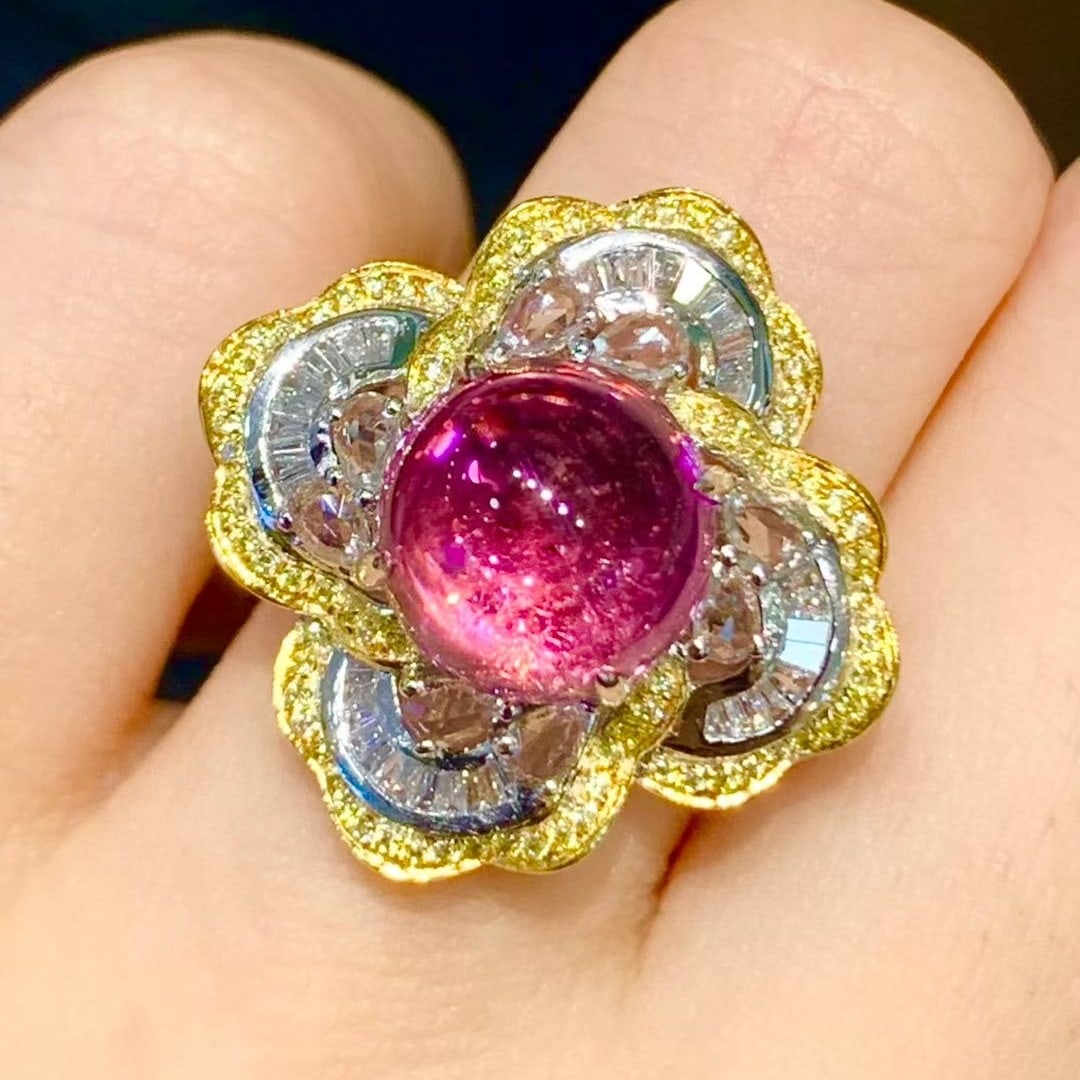 14k Gold 5.3 Ct Natural Tourmaline & Diamond & Sapphire Ring - 4