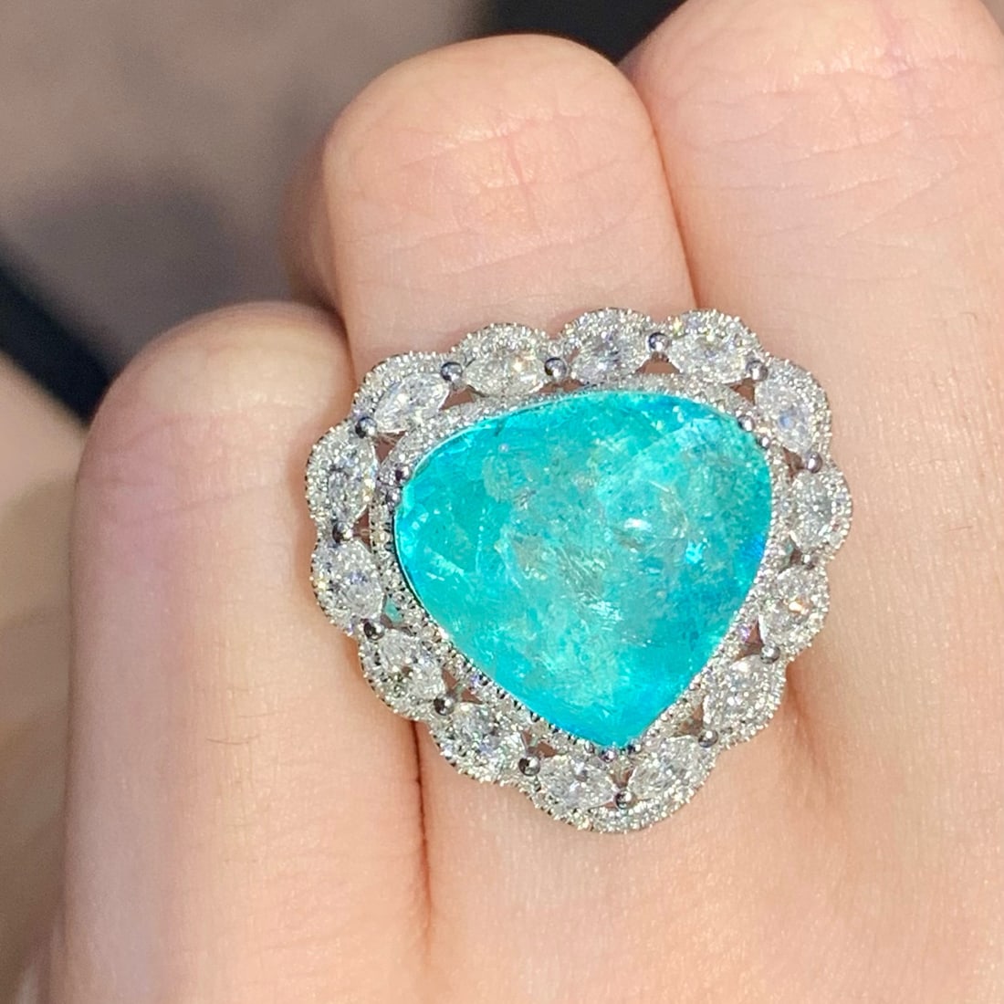14k Gold 10.14 Ct Natural Paraiba Tourmaline & Diamond Ring - 2