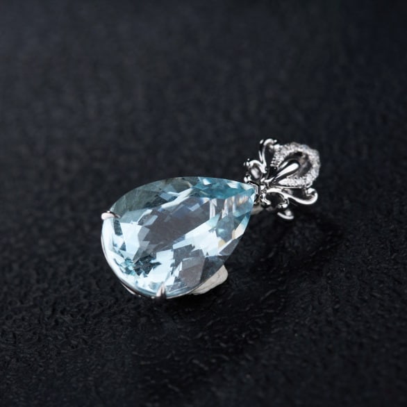 14k Gold 5.9 Ct Natural Aquamarine & Diamond Pendant( Without Chain ) - 8
