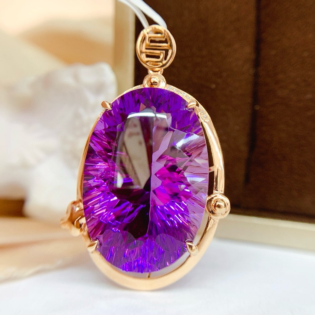 14k Gold 34.35 Ct Natural Amethyst & Diamond Pendant( Without Chain ) - 3