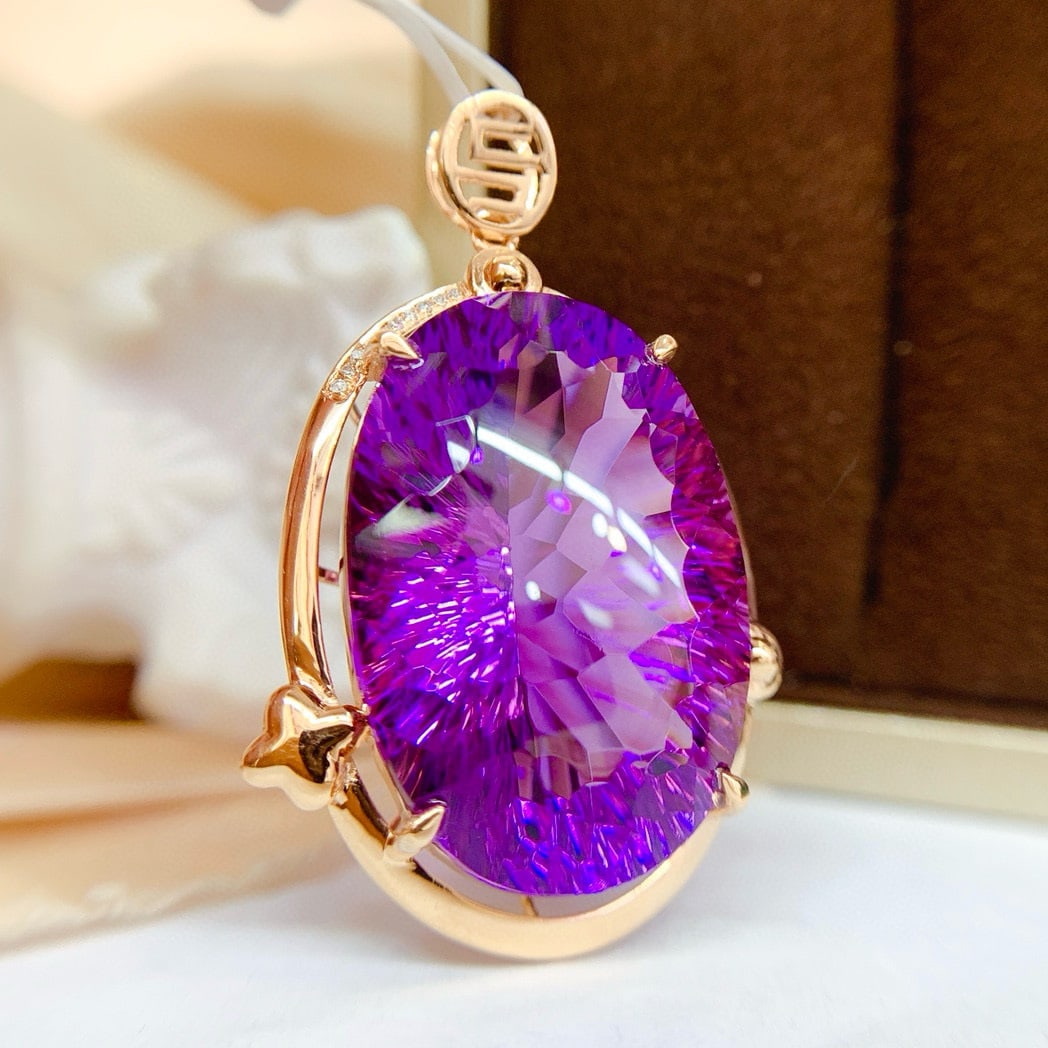 14k Gold 34.35 Ct Natural Amethyst & Diamond Pendant( Without Chain ) - 4
