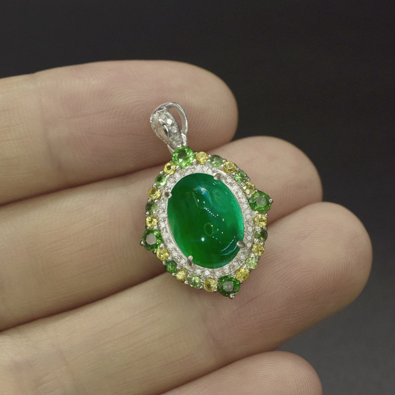 14k Gold 4.58 Ctw Natural Emerald & Tsavorite Pendant( Without Chain ) - 4