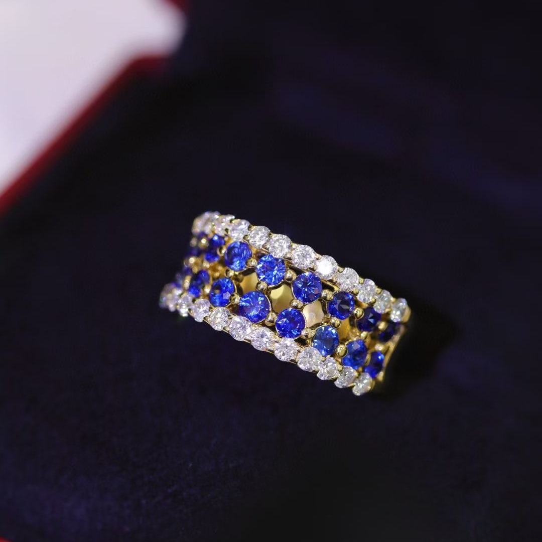 14k Gold 2.12 Ctw Natural Sapphire & Diamond Ring: Ref:231061114 // gold content:14k gold // ring size:7. 25 // // main gemstone:sapphire // shape:round // carat weight:1. 37ct // color:blue // treatment:natural // cut grade:g // // adjacent gemstone