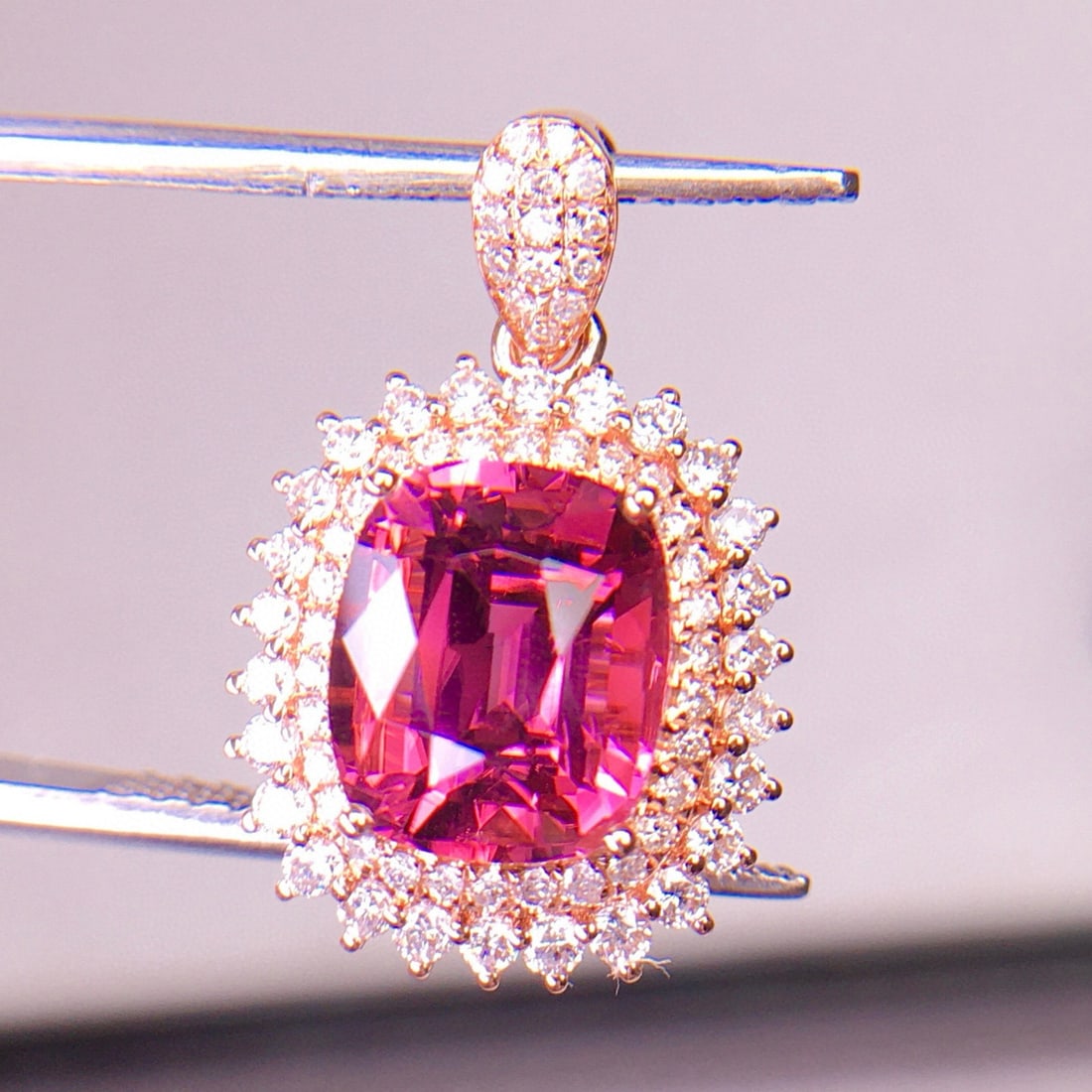 14k Gold 3.1 Ct Natural Tourmaline & Diamond Pendant( Without Chain ): Ref:231061140 // gold content:14k gold // main gemstone:tourmaline // shape:cushion // carat weight:3. 1ct // color:pinkish red // treatment:natural // cut grade:g // // adjacent gemstone 2 : diamond