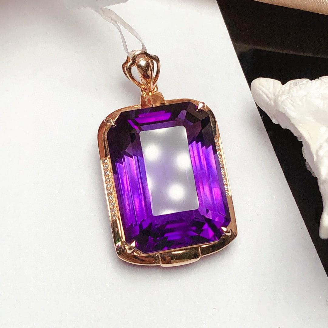 14k Gold 25.4 Ct Natural Amethyst & Diamond Pendant( Without Chain ) - 3