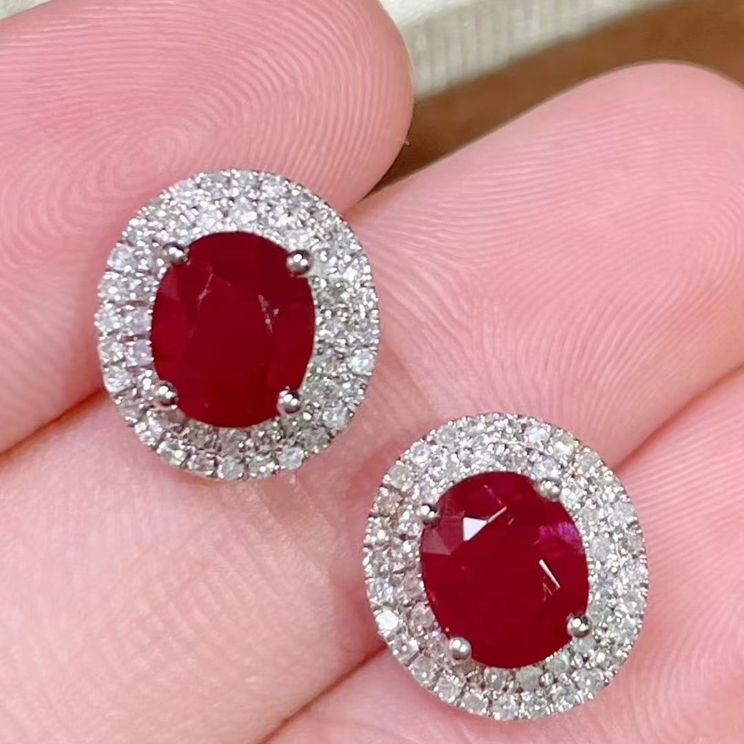 14k Gold 1.8 Ct Natural Ruby & Diamond Earrings - 2