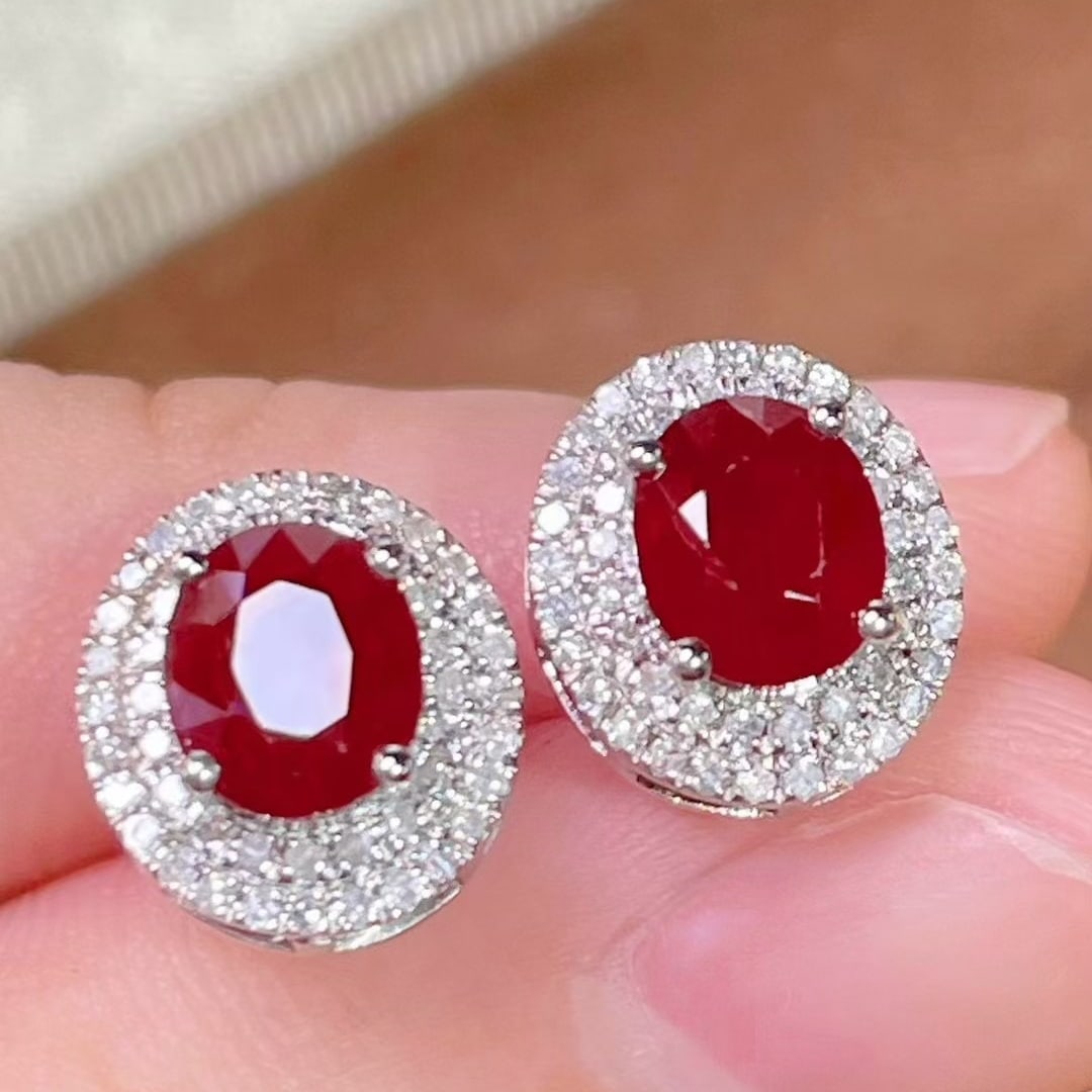 14k Gold 1.8 Ct Natural Ruby & Diamond Earrings - 3