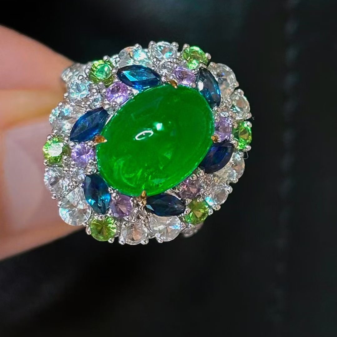 14k Gold 4.02 Ct Natural Emerald & Coloured Gemstone & Diamond Ring - 2