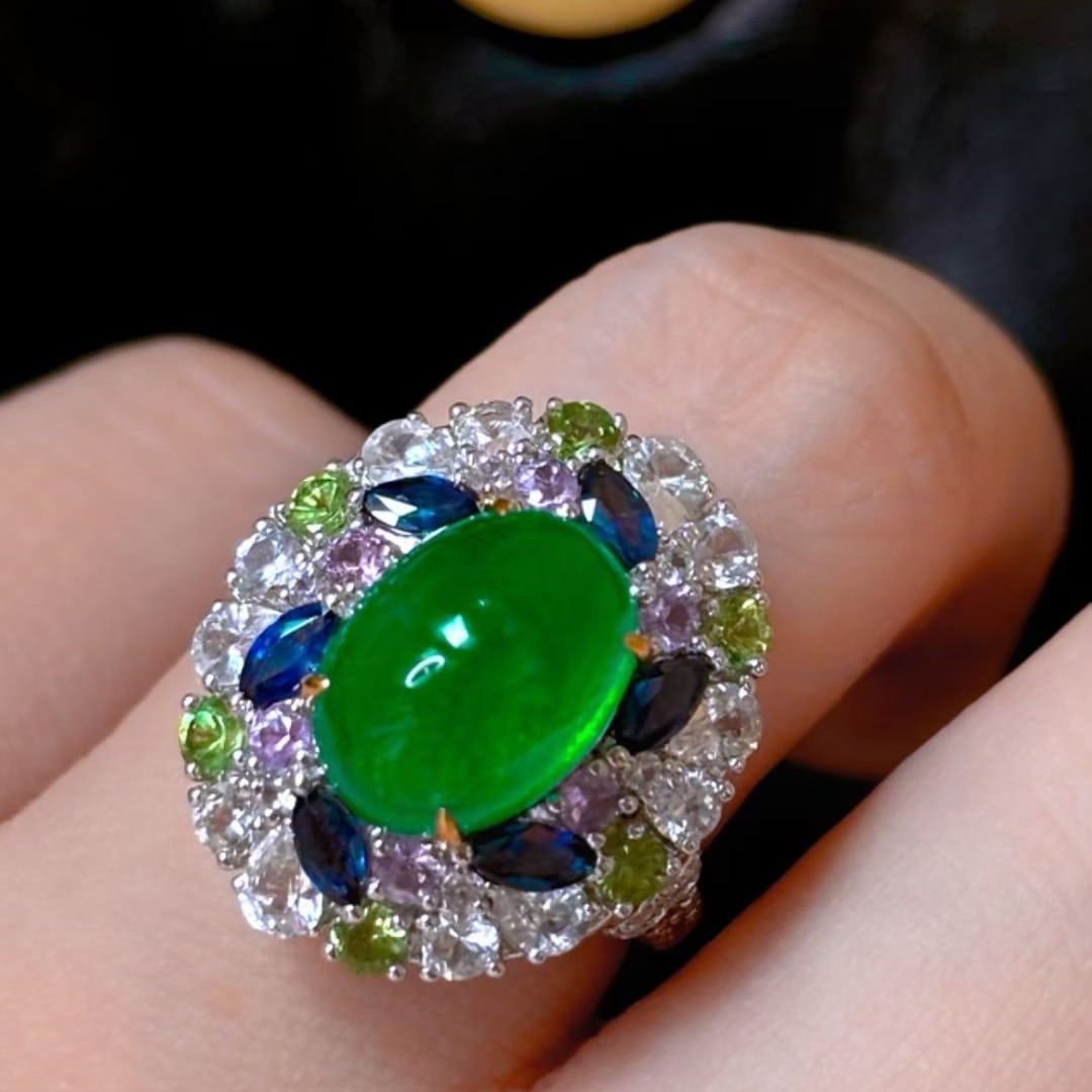 14k Gold 4.02 Ct Natural Emerald & Coloured Gemstone & Diamond Ring - 3