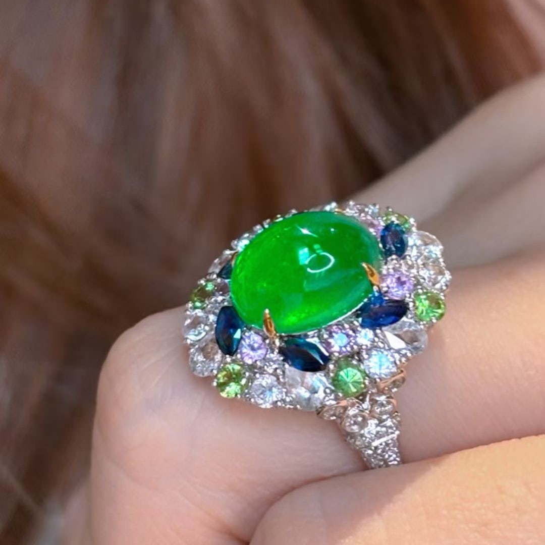14k Gold 4.02 Ct Natural Emerald & Coloured Gemstone & Diamond Ring - 5