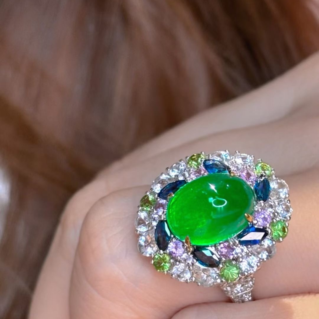 14k Gold 4.02 Ct Natural Emerald & Coloured Gemstone & Diamond Ring - 6