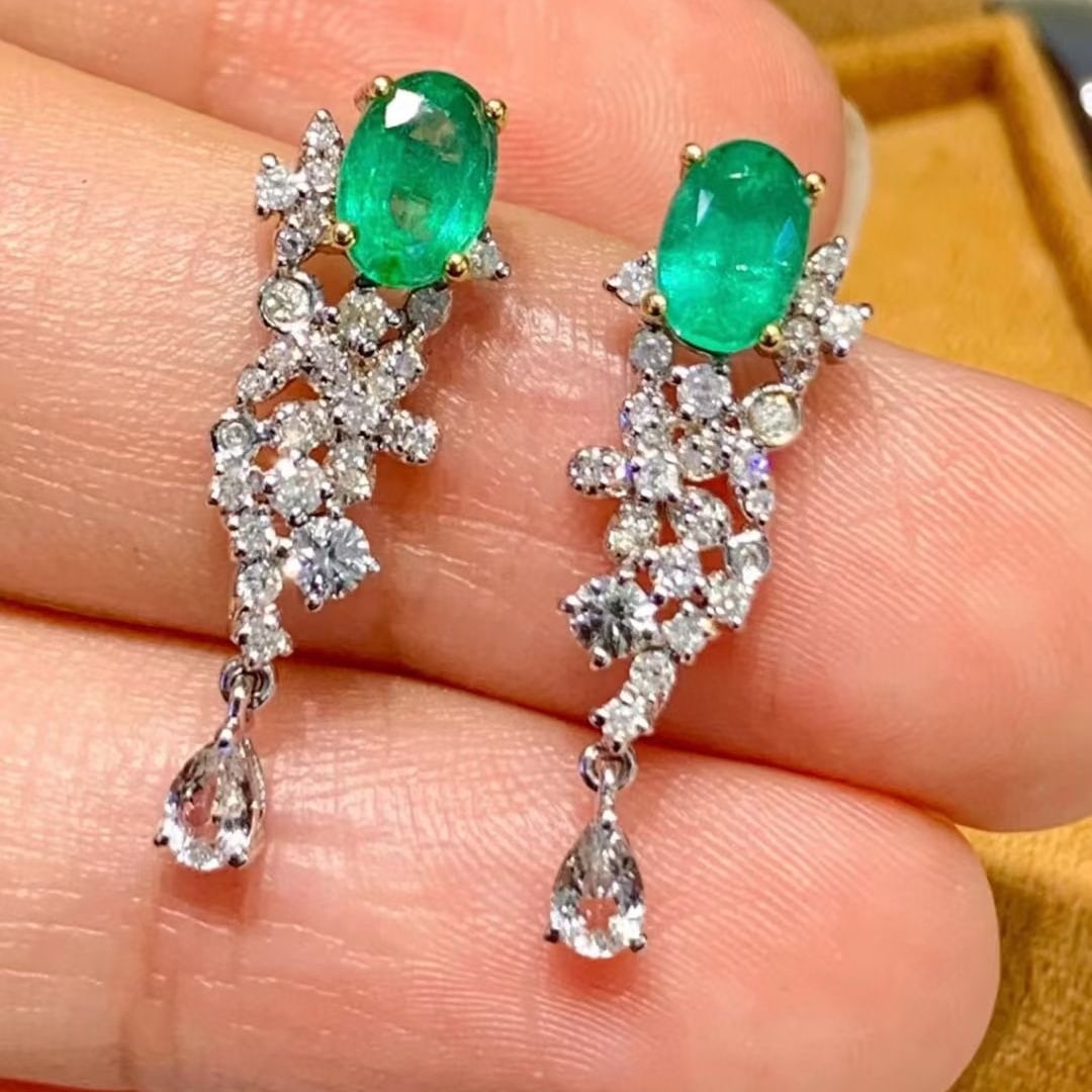 14k Gold 1 Ct Natural Emerald & Diamond & Sapphire Earrings - 3