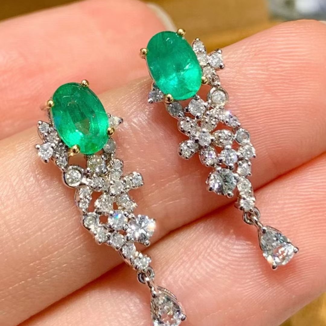 14k Gold 1 Ct Natural Emerald & Diamond & Sapphire Earrings - 4