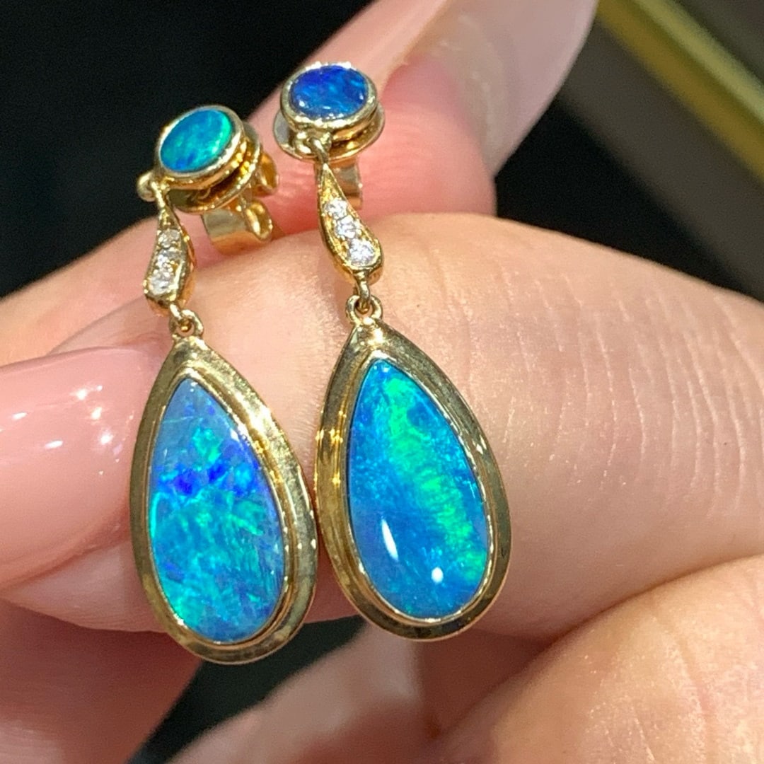 14k Gold 1.47 Ctw Natural Opal & Diamond Earrings - 2
