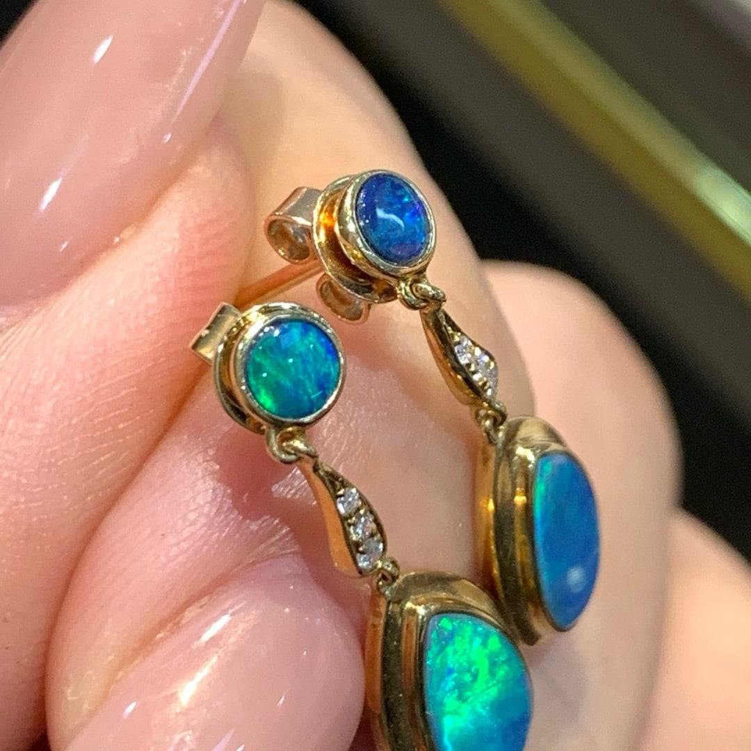 14k Gold 1.47 Ctw Natural Opal & Diamond Earrings - 3
