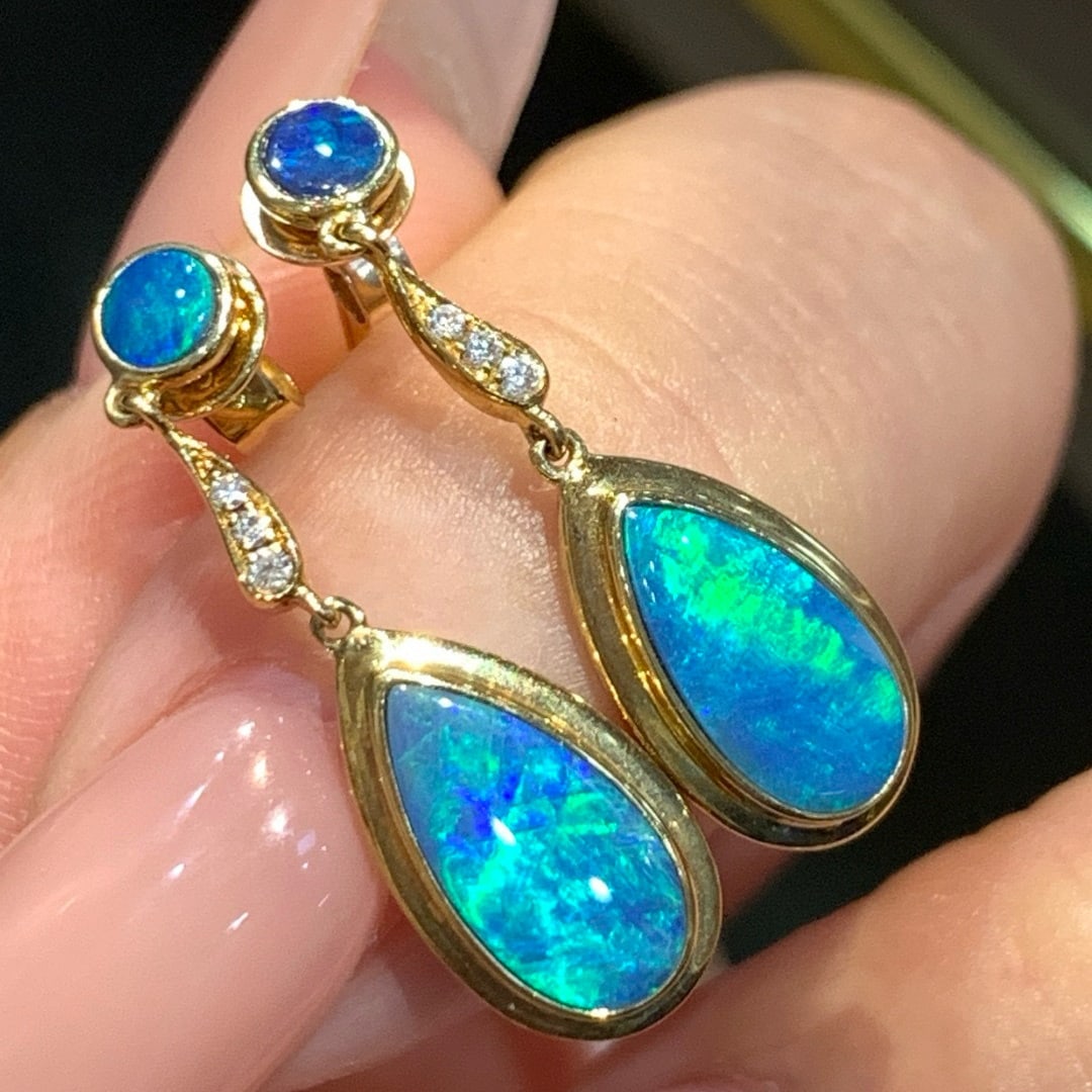 14k Gold 1.47 Ctw Natural Opal & Diamond Earrings - 4