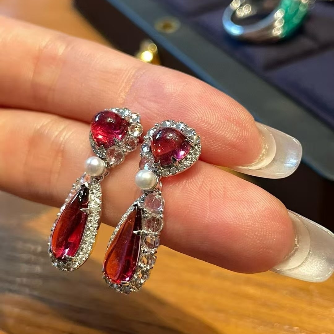 14k Gold 4.6 Ct Natural Tourmaline & Diamond & Sapphire Earrings - 5
