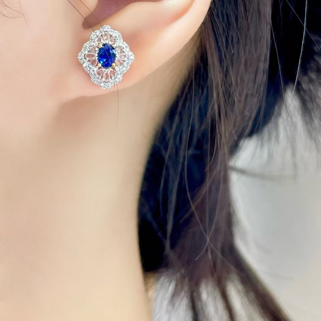 14k Gold 0.8 Ct Natural Sapphire & Diamond & Sapphire Earrings - 6