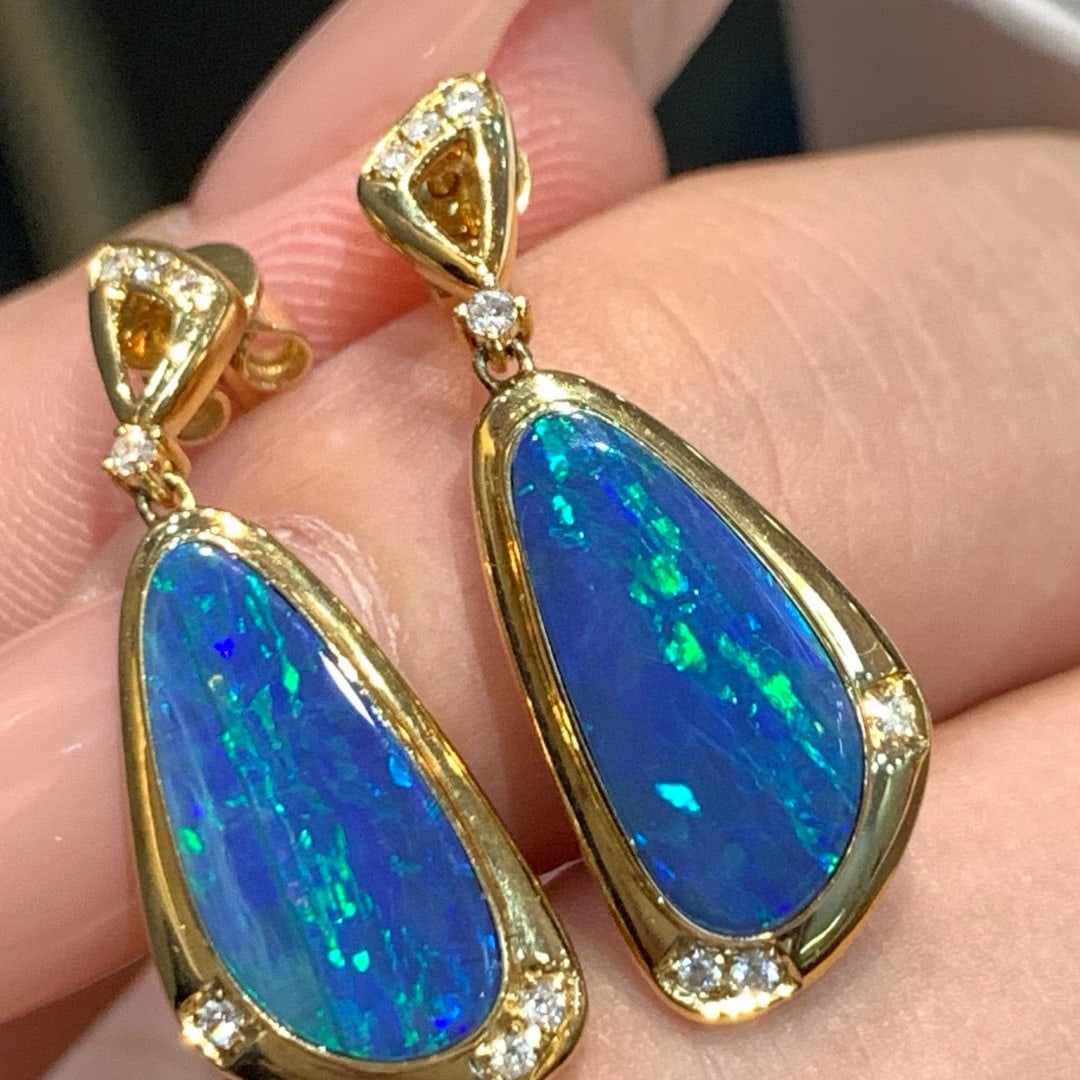 14k Gold 3.01 Ctw Natural Opal & Diamond Earrings - 2