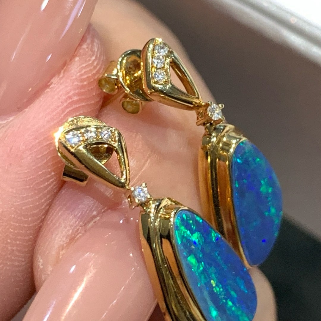 14k Gold 3.01 Ctw Natural Opal & Diamond Earrings - 4