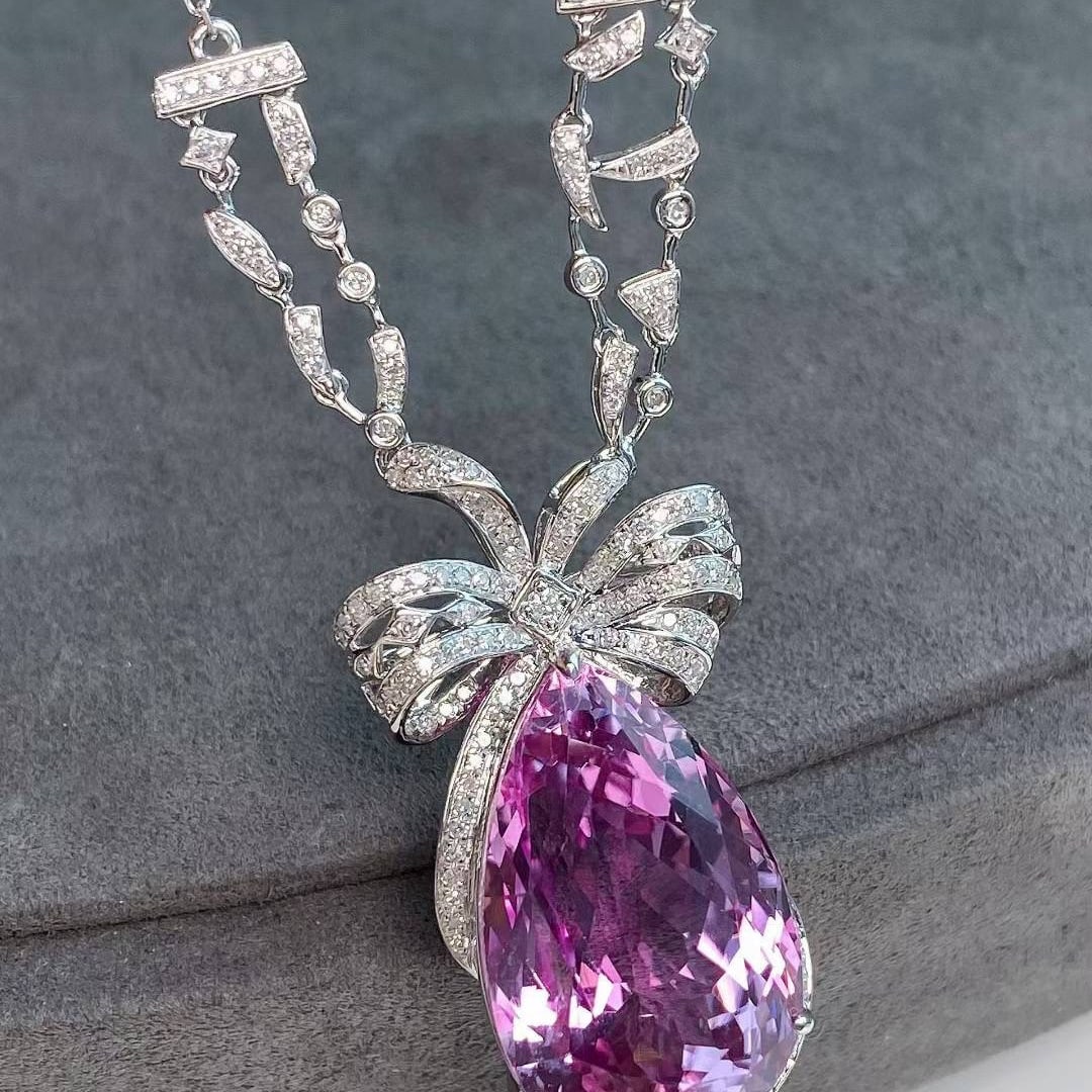 14k Gold 27.19 Ctw Natural Kunzite & Diamond Necklace - 5