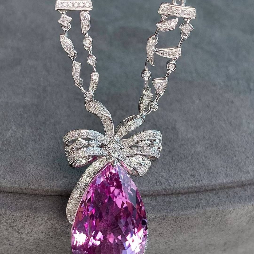 14k Gold 27.19 Ctw Natural Kunzite & Diamond Necklace - 6