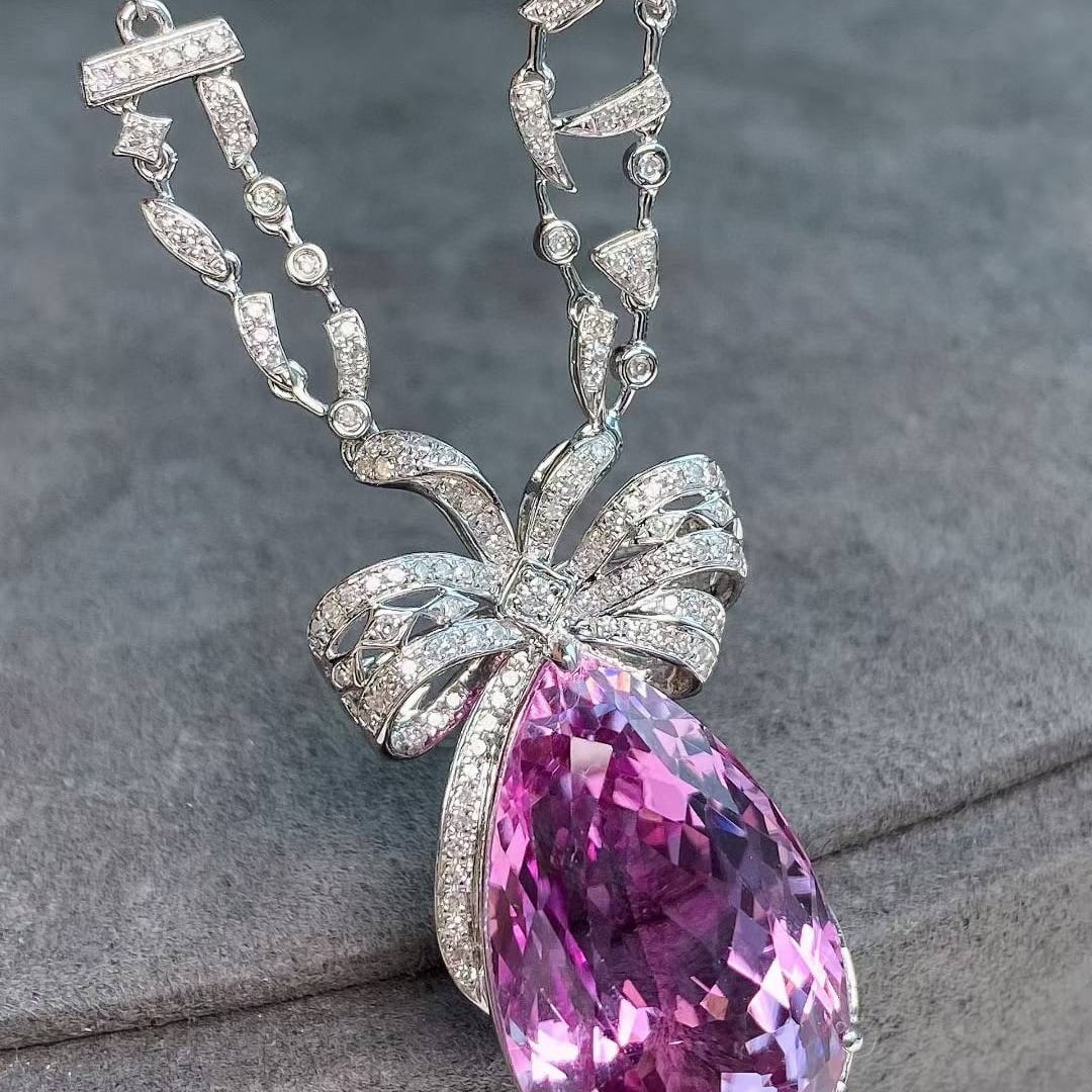 14k Gold 27.19 Ctw Natural Kunzite & Diamond Necklace - 8