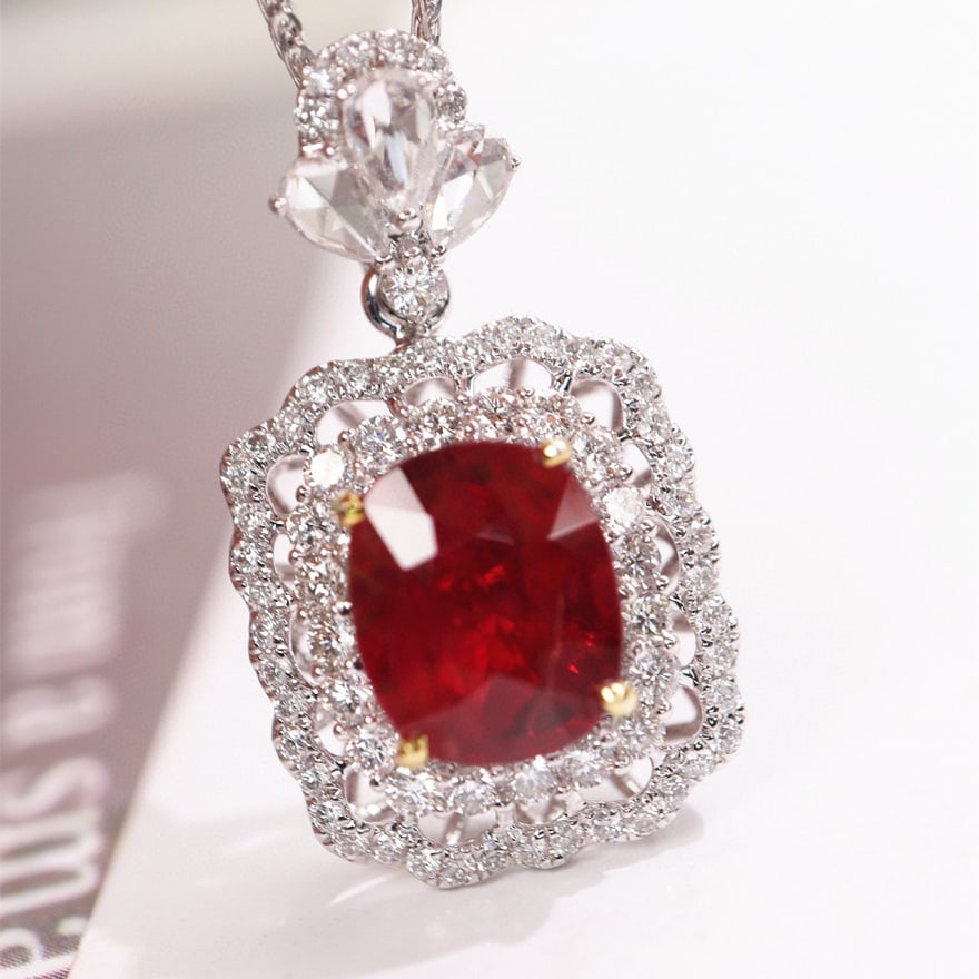 14k Gold 2.97 Ctw Natural Ruby & Diamond Pendant( Without Chain ): Ref:231062006 // gold content:14k gold // main gemstone:ruby // shape:cushion // carat weight:2. 27ct // color:pigeonblood red // treatment:natural // // adjacent gemstone 2 : diamond // shape:multipl