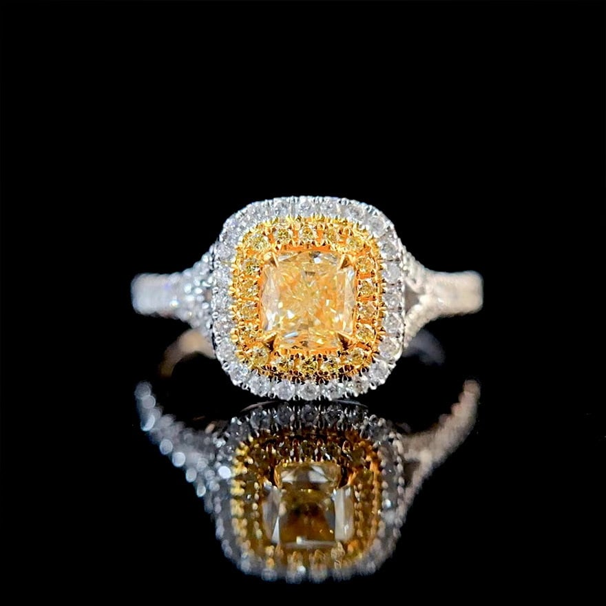 14k Gold 1.02 Ctw Natural Yellow Diamond & Diamond Ring: Ref:231062012 // gold content:14k gold // ring size:7. 25us // // main gemstone:yellow diamond // shape:cushion // carat weight:0. 74ct // color:yellow // treatment:natural // cut grade:g // // adjace