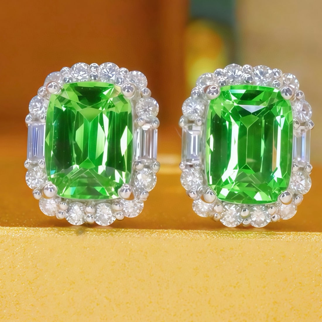 14k Gold 1.85 Ctw Natural Tsavorite & Diamond Earrings: Ref:231062026 // gold content:14k gold // main gemstone:tsavorite // shape:cushion // carat weight:1. 53ct // color:green // treatment:natural // // adjacent gemstone 2 : diamond // number of