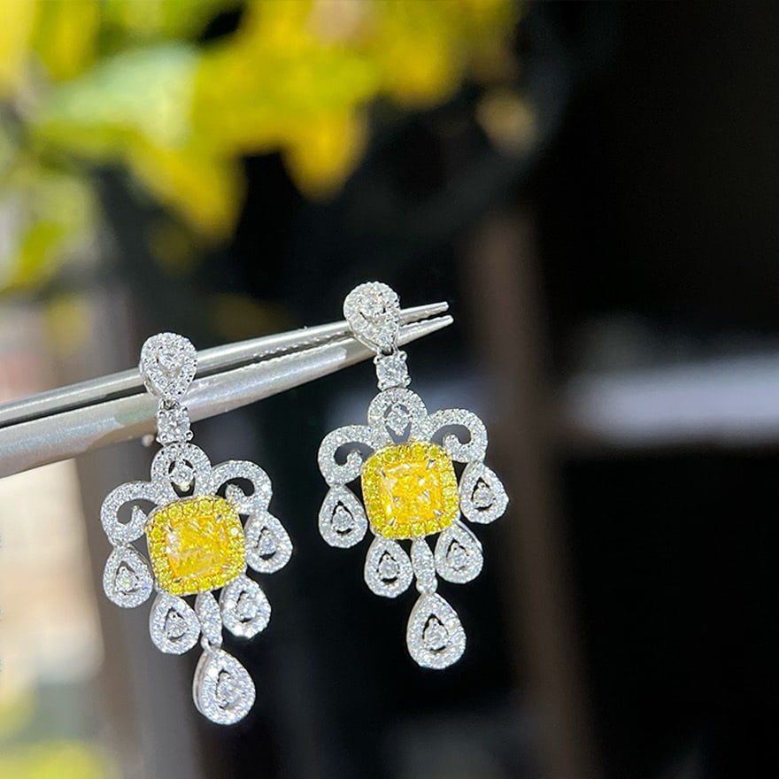 14k Gold 2.10 Ctw Natural Yellow Diamond & Diamond Earrings - 2