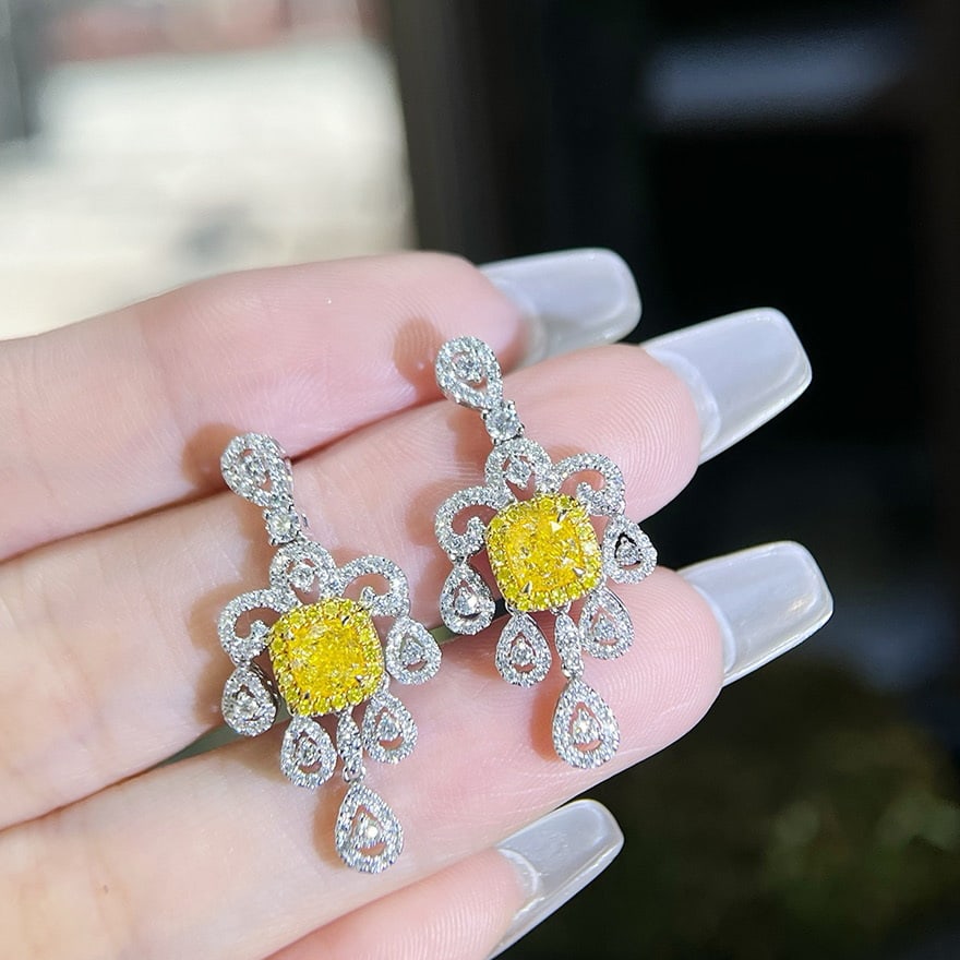 14k Gold 2.10 Ctw Natural Yellow Diamond & Diamond Earrings - 6