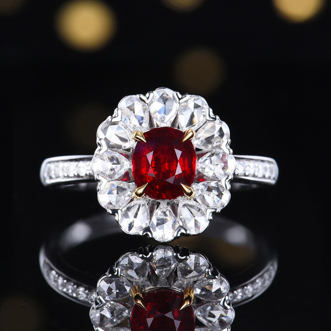 14k Gold 1.94 Ctw Natural Ruby & Diamond Ring: Ref:231062118 // gold content:14k gold // ring size:7. 25us // // main gemstone:ruby // shape:oval // carat weight:1. 24ct // color:pigeonblood red // treatment:natural // // adjacent gemstone 2 : dia